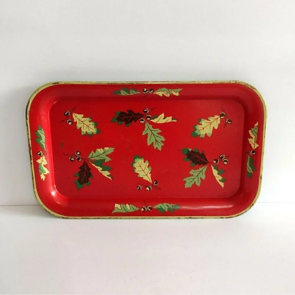 Vintage Acorn Oak Leaves Rustic Tin Serving Trays Red Green Wall Hanging Decor